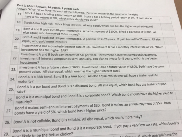  Part 2, Short Answer, 14 points, 1 points each Answer A'or