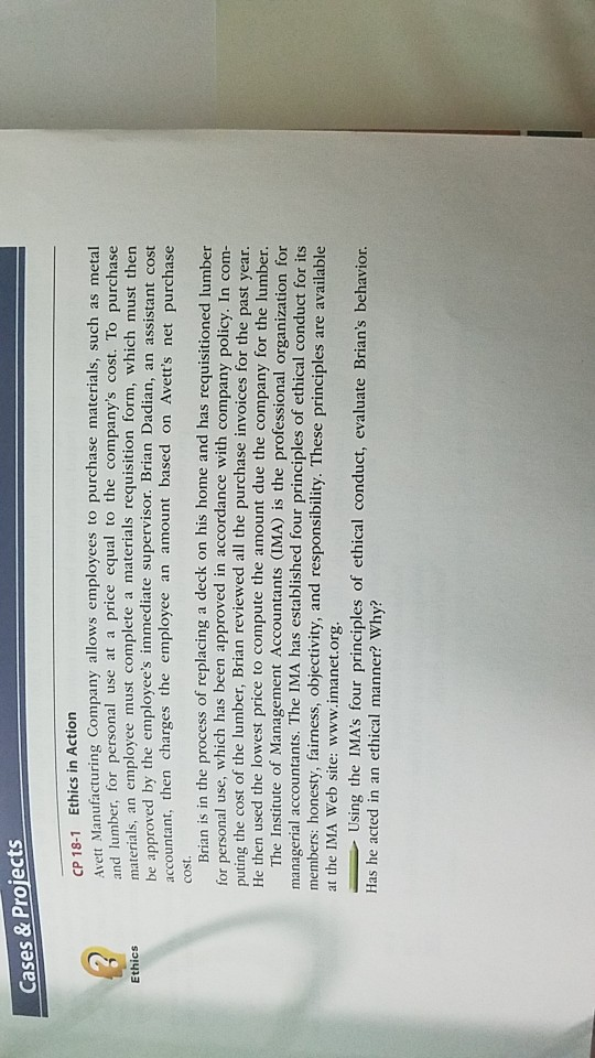  Cases & Projects CP 18-1 Ethics in Action Avett Manufacturing Company