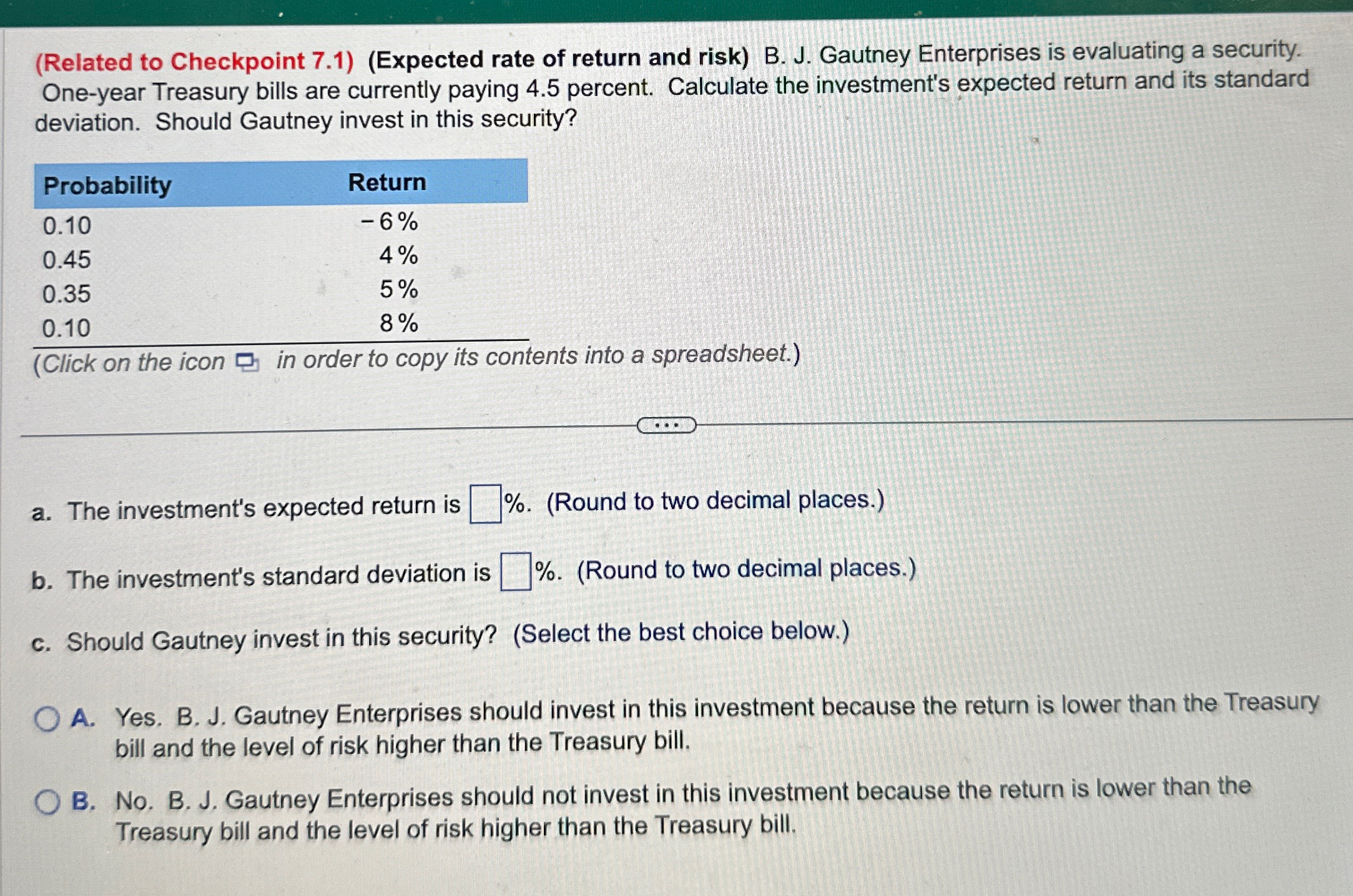  (Related to Checkpoint 7.1)(Expected rate of return and risk) B. J.