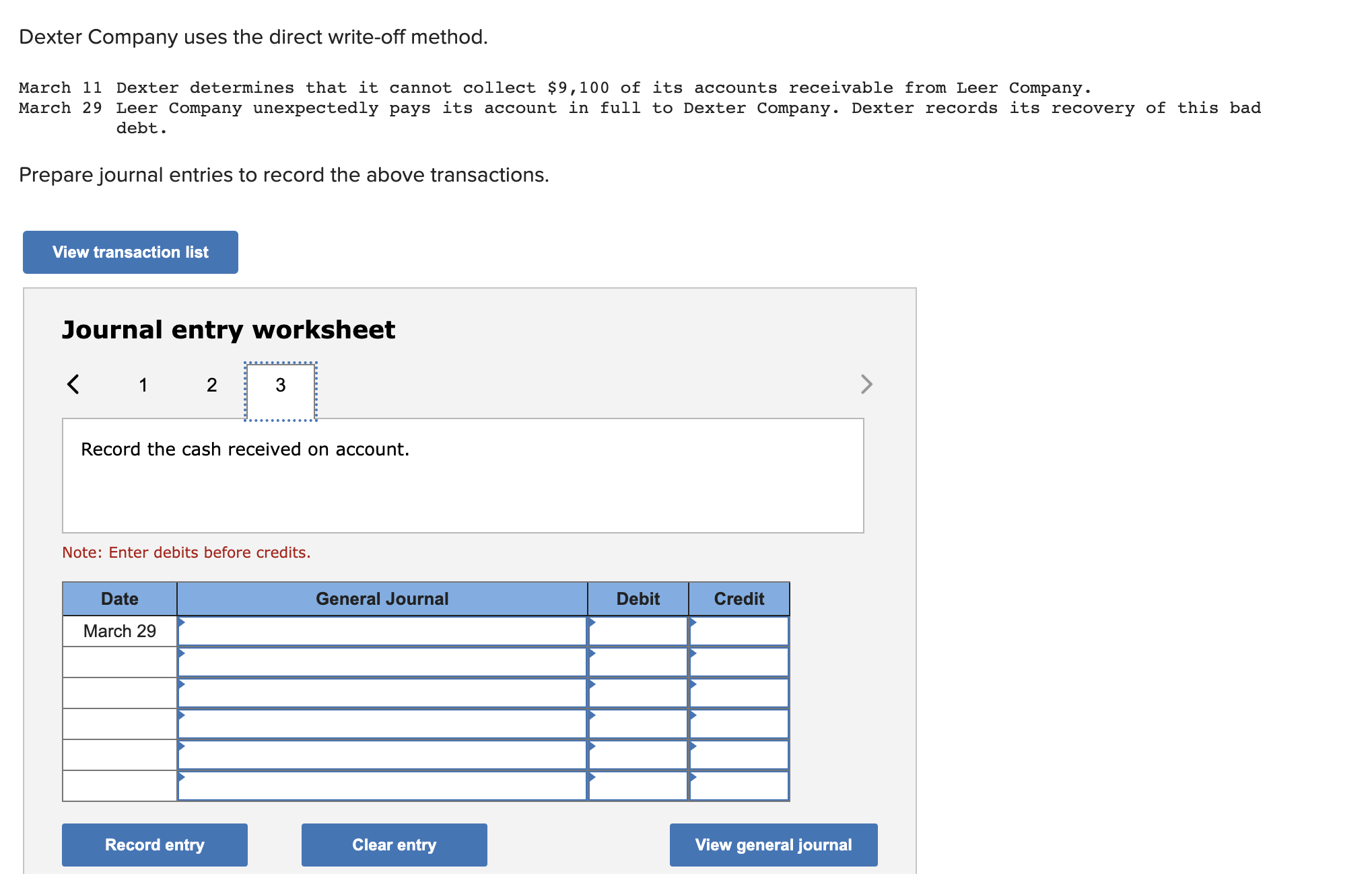 March 29 Leer Company unexpectedly pays its account in full to Dexter