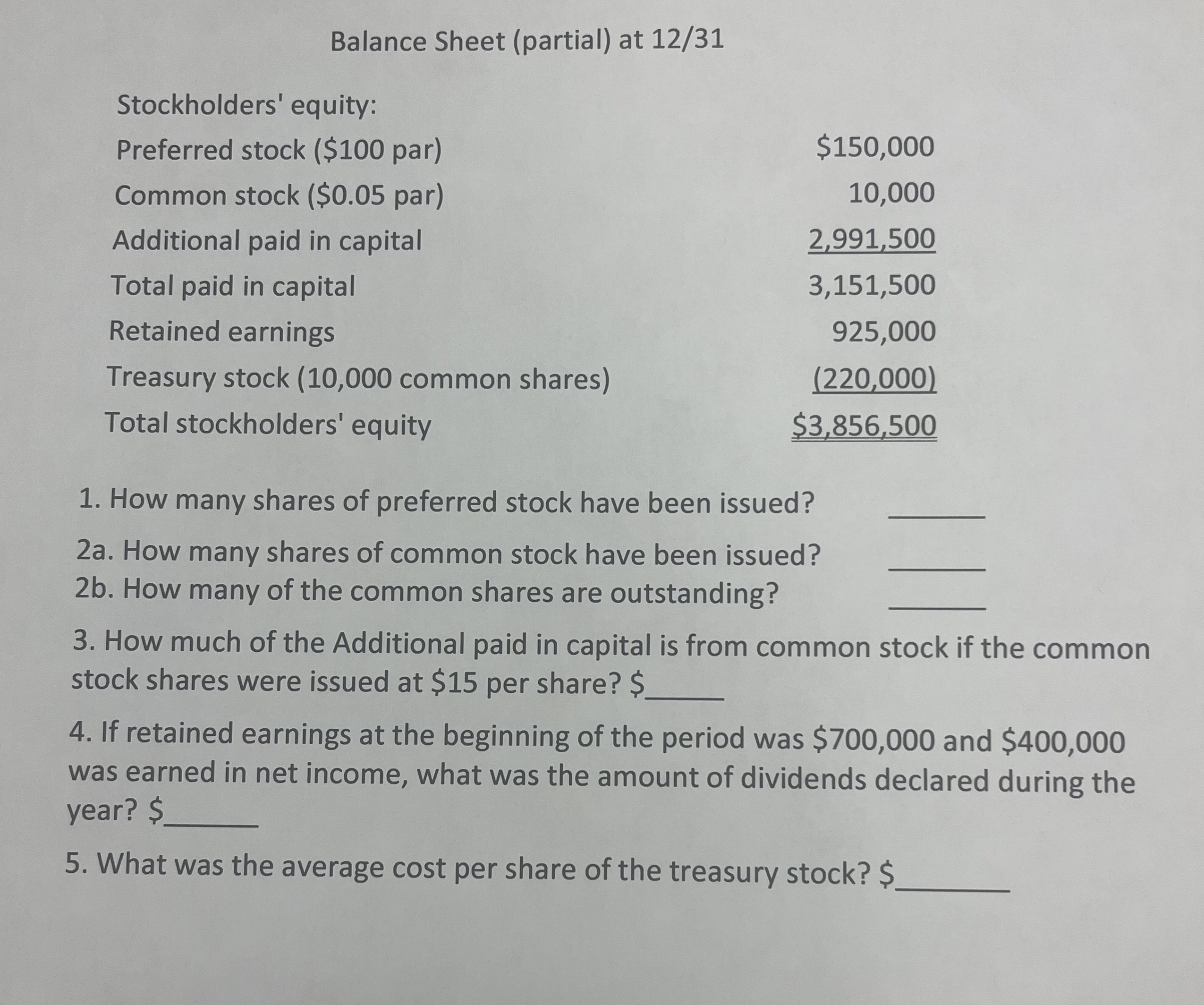  Balance Sheet (partial) at 1231 \table[[Stockholders' equity:,],[Preferred stock ($100 par),150,000],[Common stock