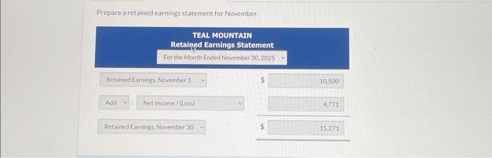 TEAL MOUNTAIN Income Statement Foc the Month Ended November 30,2025 Sales Dricounts