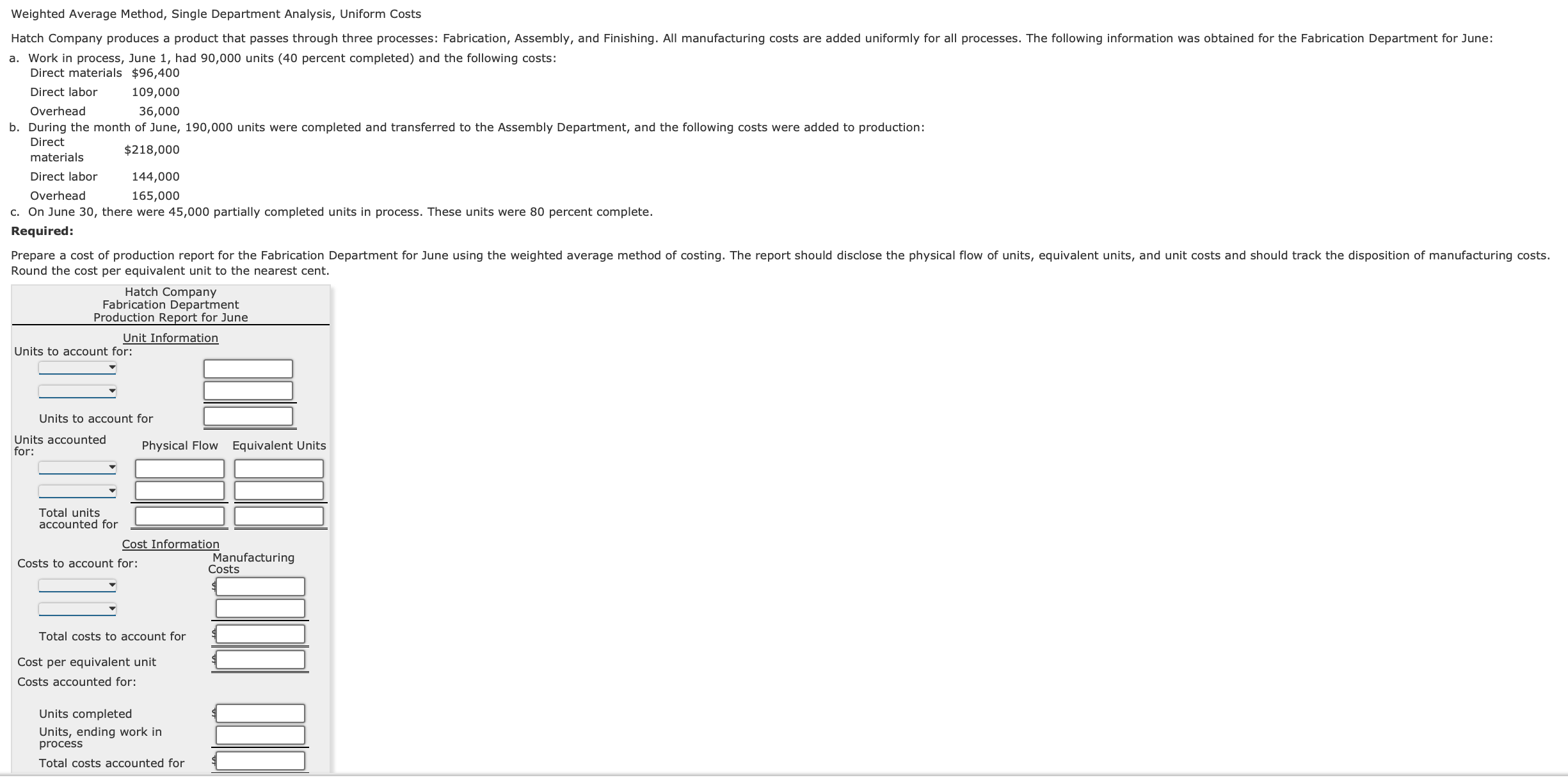  Weighted Average Method, Single Department Analysis, Uniform Costs a. Work in