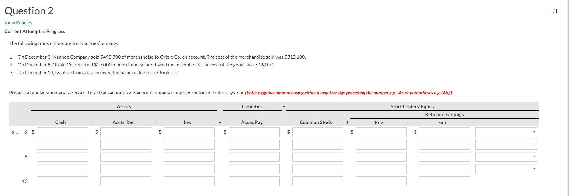 Question 2 --/1 View Policies Current Attempt in Progress The following