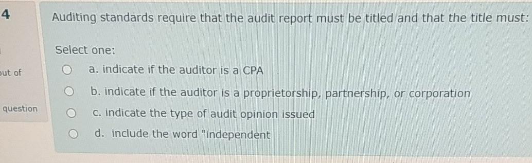  4 Auditing standards require that the audit report must be titled