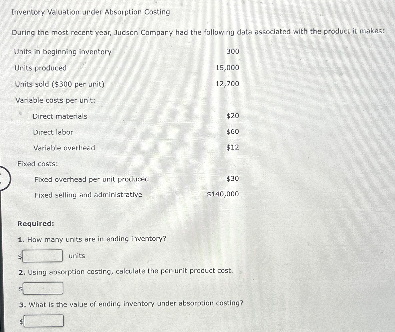  Inventory Valuation under Absorption Costing During the most recent year, Judson