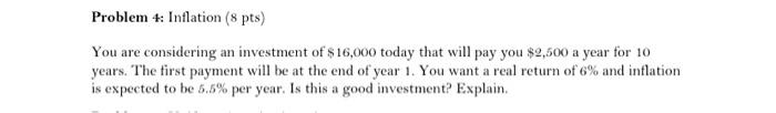 help please asap using excel Problem 4: Inflation (8 pts) You are