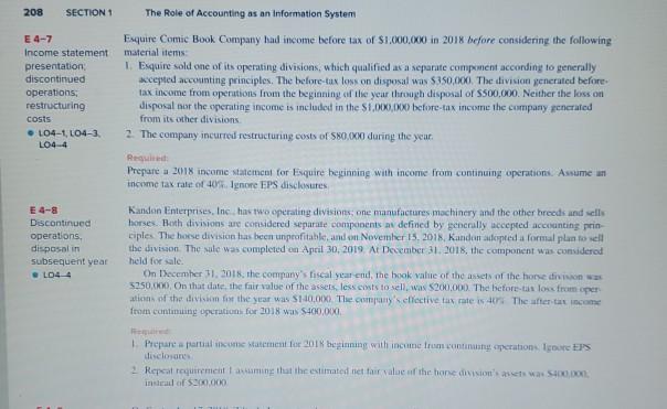  4-7 and 4-8 208 SECTION 1 E 4-7 Income statement presentation