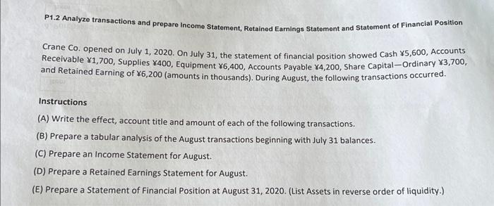  P1.2 Analyze transactions and prepare Income Statement, Rotained Earnings Statement and