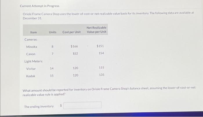  Current Attempt in Progress Oriole Frame Camera Shop uses the lower-of-cost-or-net
