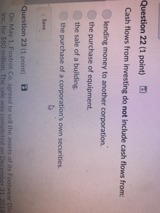  Question 22 (1 point) Cash flows from investing do not include