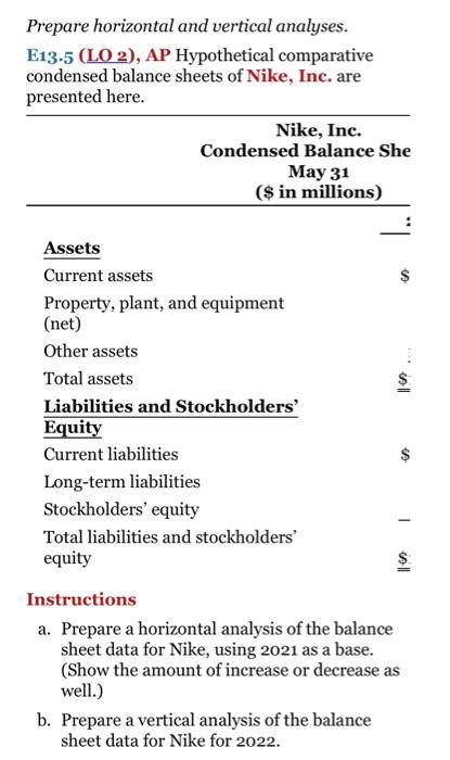 Prepare horizontal and vertical analyses. E13.5 (LO 2), AP Hypothetical comparative