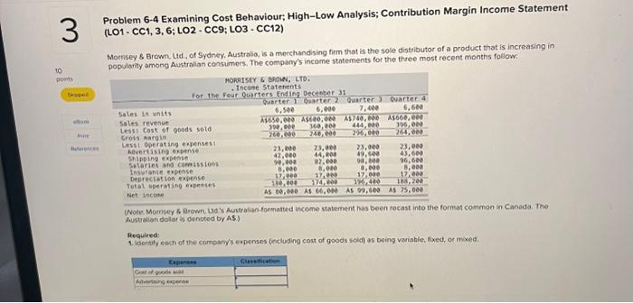  Problem 6-4 Examining Cost Behaviour; High-Low Analysis; Contribution Margin Income Statement