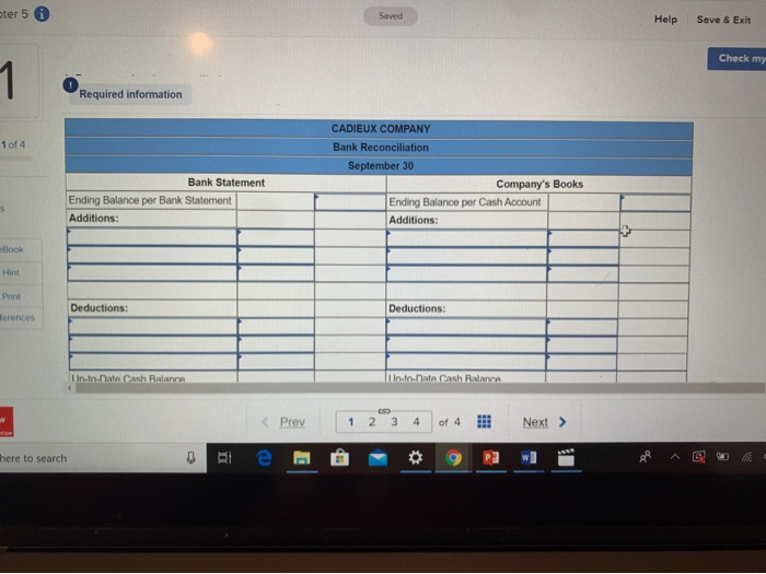 bank statement for Cadieux Company and the September ledger account for cash