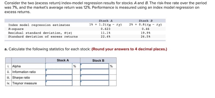  Consider the two (excess return) index-model regression results for stocks A