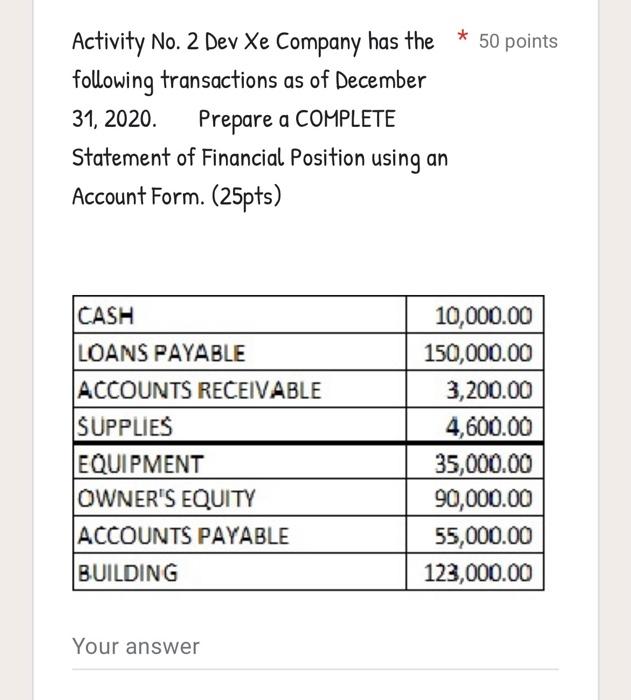 following transactions as of December 31, 2020. Prepare a COMPLETE Statement of