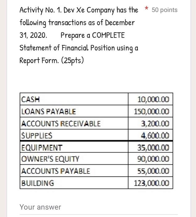  Activity No. 1. Dev Xe Company has the * 50 points