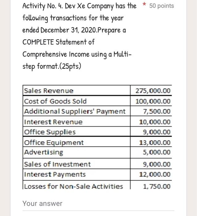 Company has the * 50 points following transactions as of December 31,