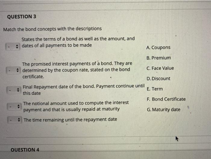 please help QUESTION 3 Match the bond concepts with the descriptions States