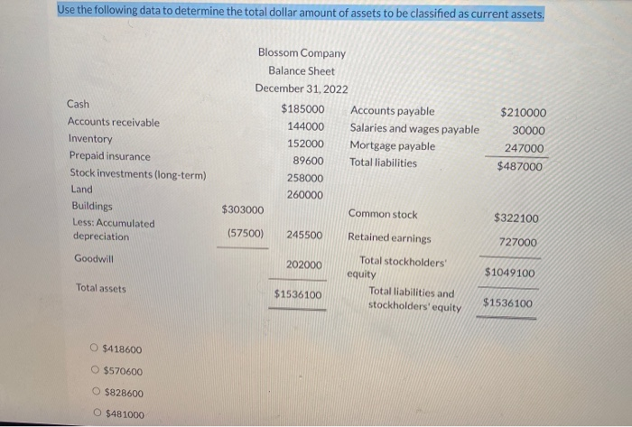  Use the following data to determine the total dollar amount of