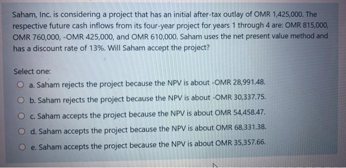  Saham, Inc. is considering a project that has an initial after-tax
