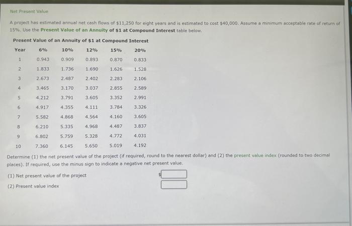 ASAP please! A project has estimated annual net cosh flows of $11,250