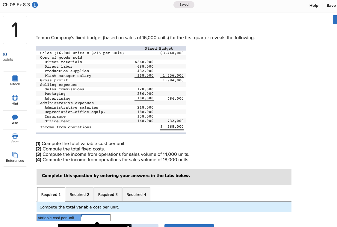Ch 08 Ex 8-3 Saved Help Save 1 Tempo Company's fixed