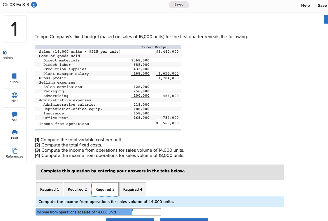 the following. Fixed Budget Sales (16,000 units x $215 per unit) Cost