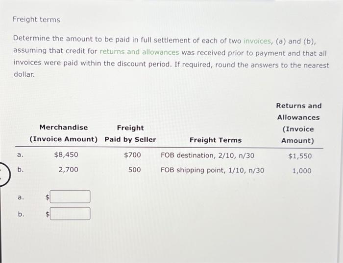 please help!! Freight terms Determine the amount to be paid in full