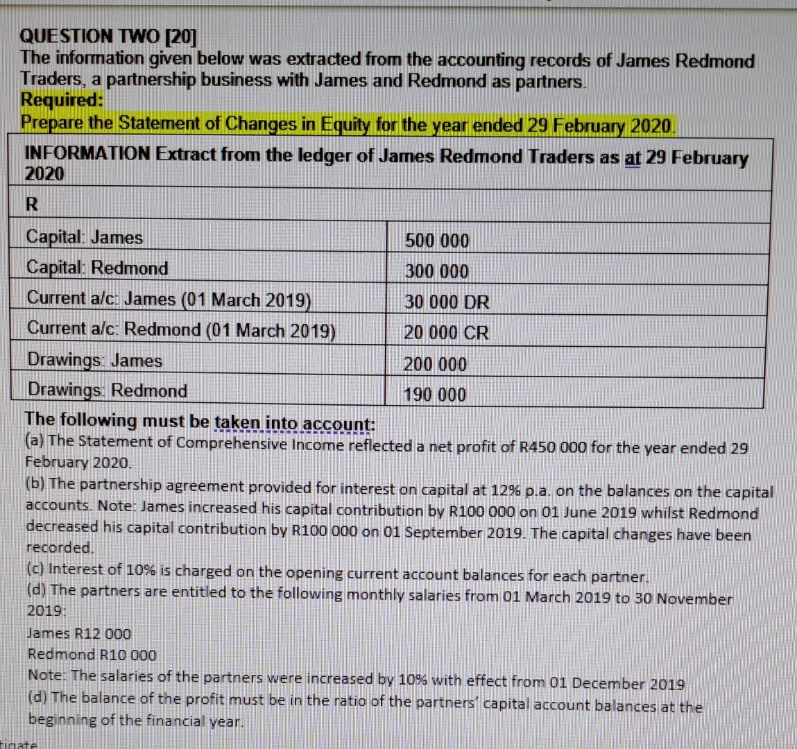  QUESTION TWO [20] The information given below was extracted from the