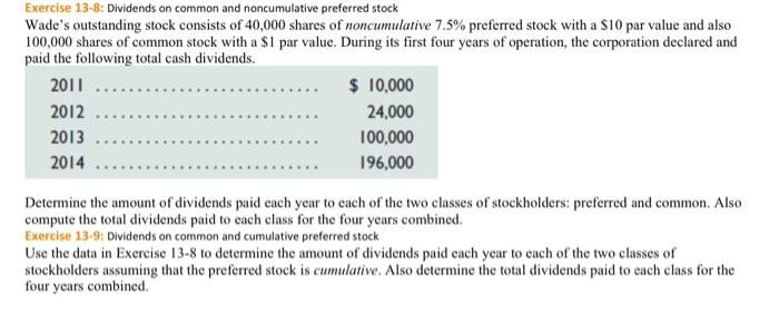 Please do both exercises Exercise 13-8: Dividends on common and noncumulative preferred