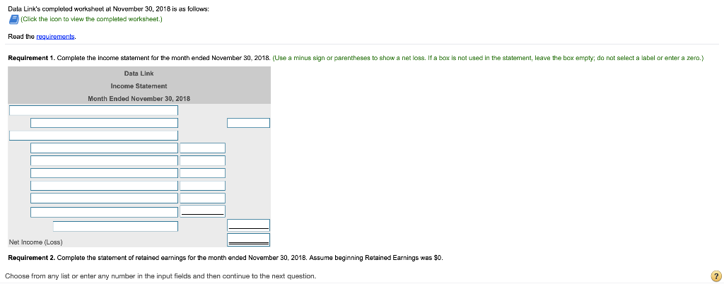 Data Link's completed worksheet at November 30, 2018 is as follows:
