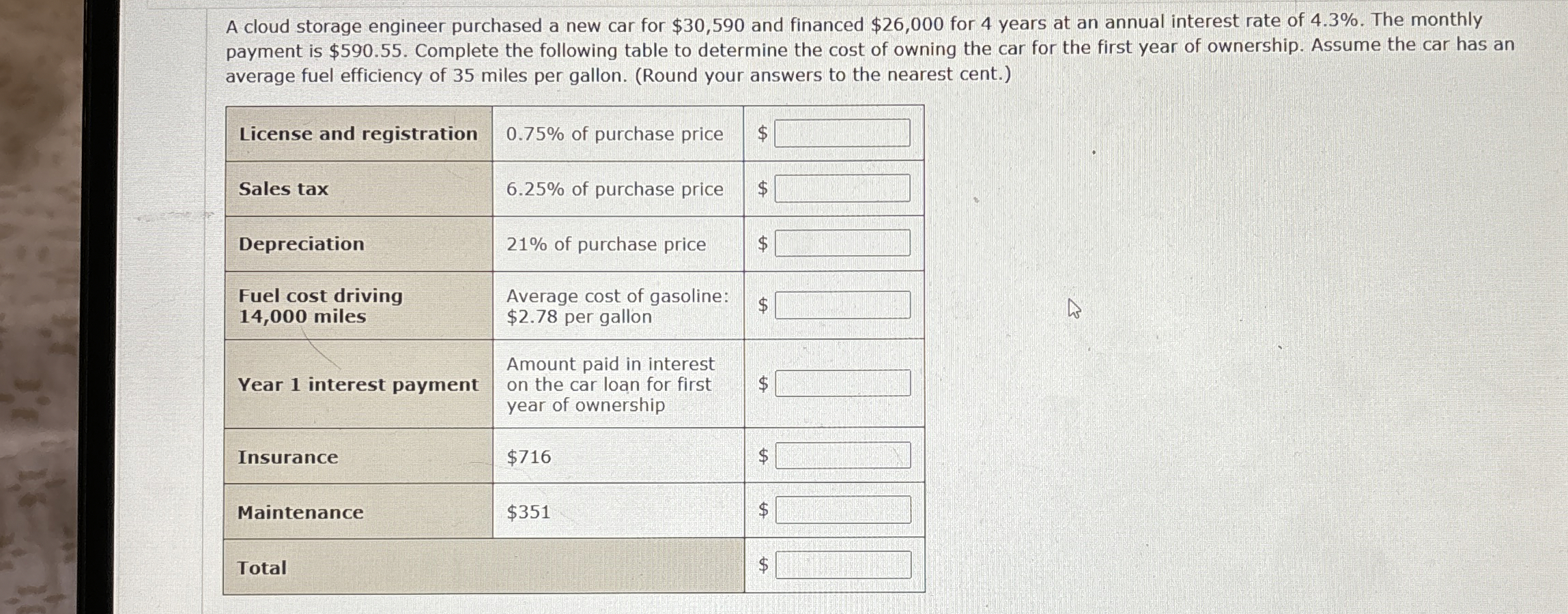  A cloud storage engineer purchased a new car for $30,590 and