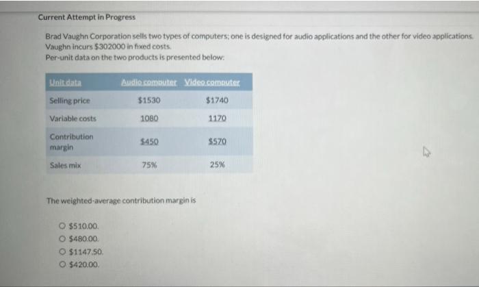  Current Attempt in Progress Brad Vaughn Corporation sells two types of