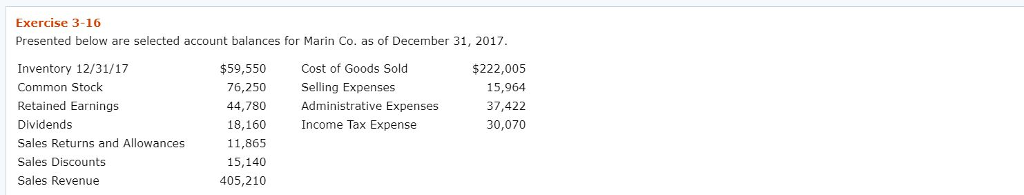 Please Help! Exercise 3-16 Presented below are selected account balances for Marin