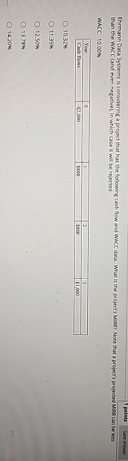  Ehrmann Data Systems is considering a project that has the following