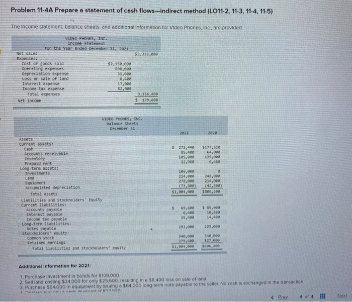 Prepare a statement of cash flows-indirect method (LO11-3, 11-4, 11-5) The balance