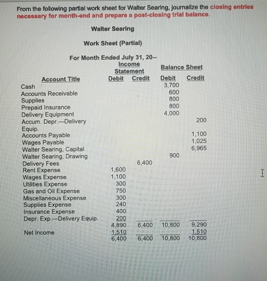  From the following partial work sheet for Walter Searing, Journalize the