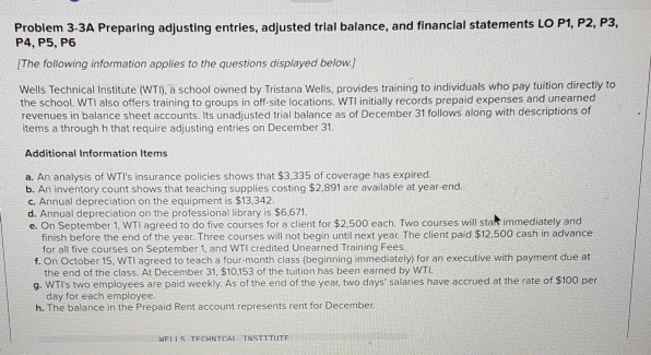 Problem 3-3A Preparing adjusting entries, adjusted trial balance, and financial statements