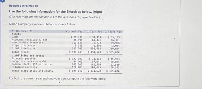  For both the current year and one year ago, compute the