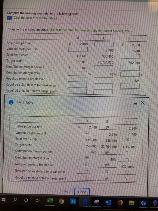 compute the missing amount for the following table: Compute the missing amounts