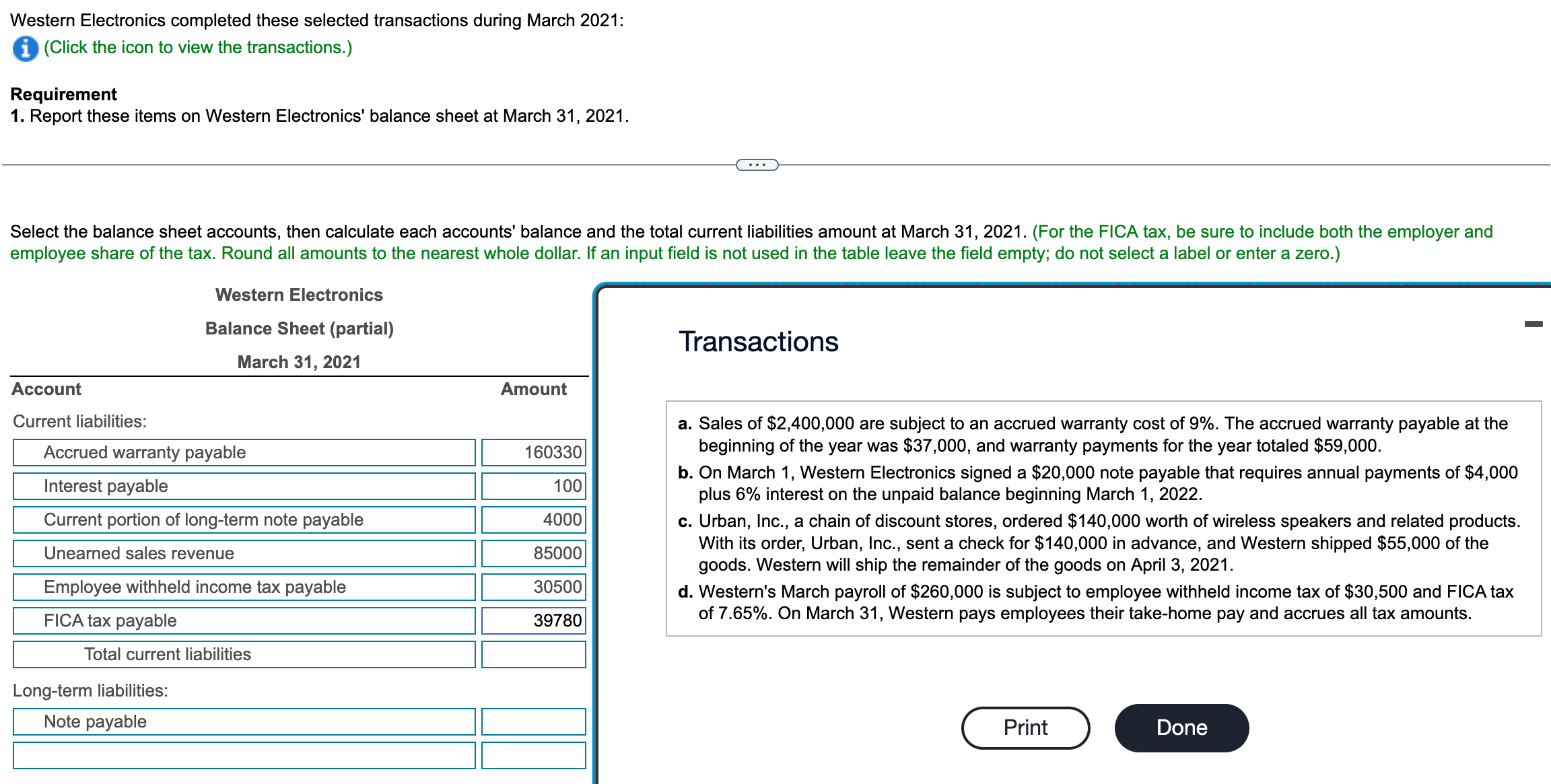 Western Electronics completed these selected transactions during March 2021: i (Click the