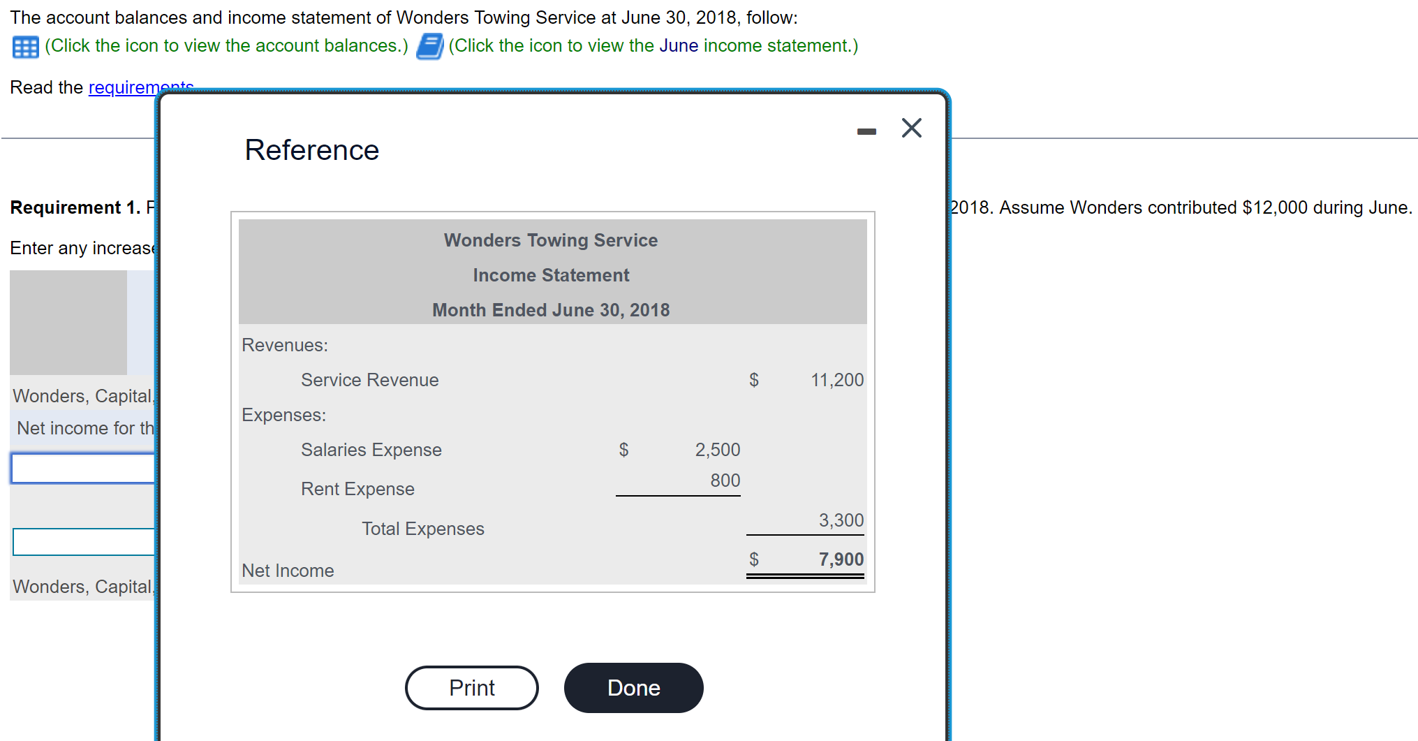 income statement of Wonders Towing Service at June 30,2018 , follow: (Click