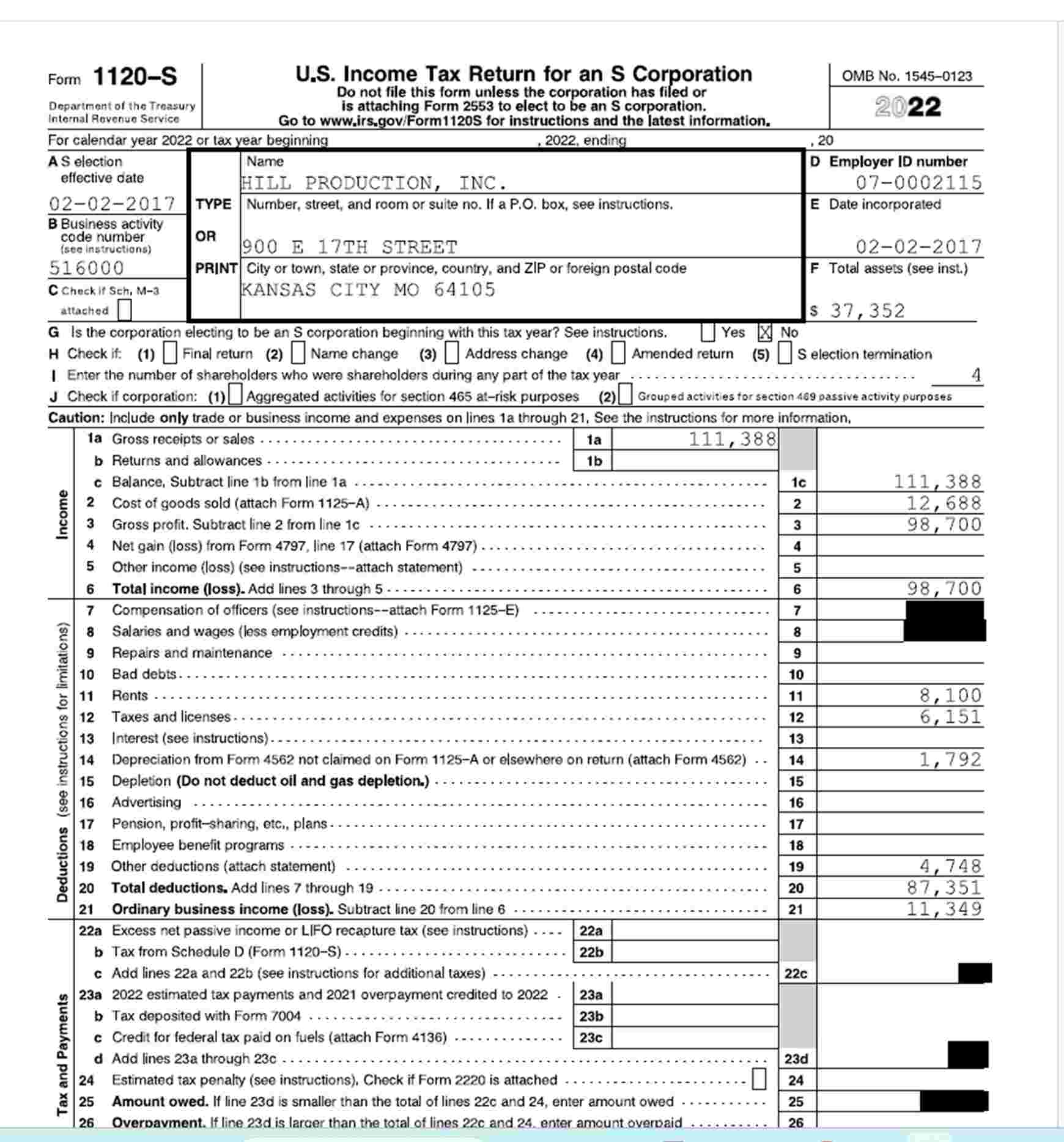  Question 2/10 Hill Production, Inc.'s four shareholders all worked part-time for