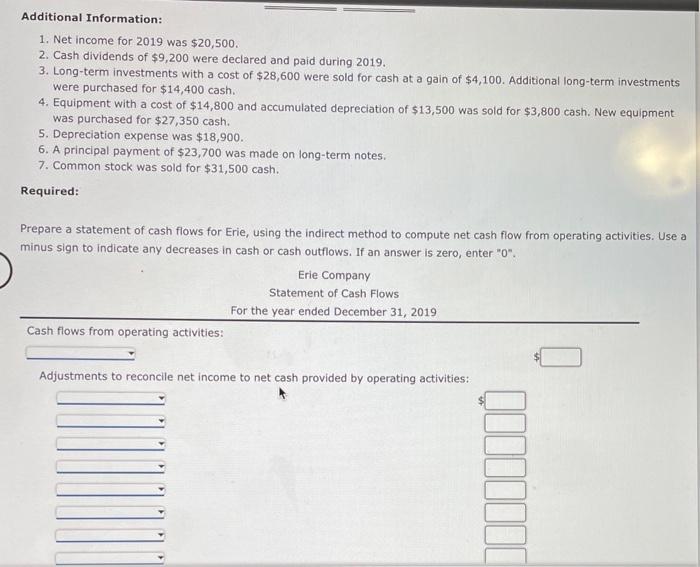 reported the following comparative balance sheets: Additional Information: 1. Net income for