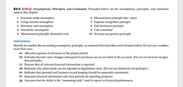 E2-6 (L05,6) (Assumptions, Principles, and Constraint) Presented below are the assumptions,