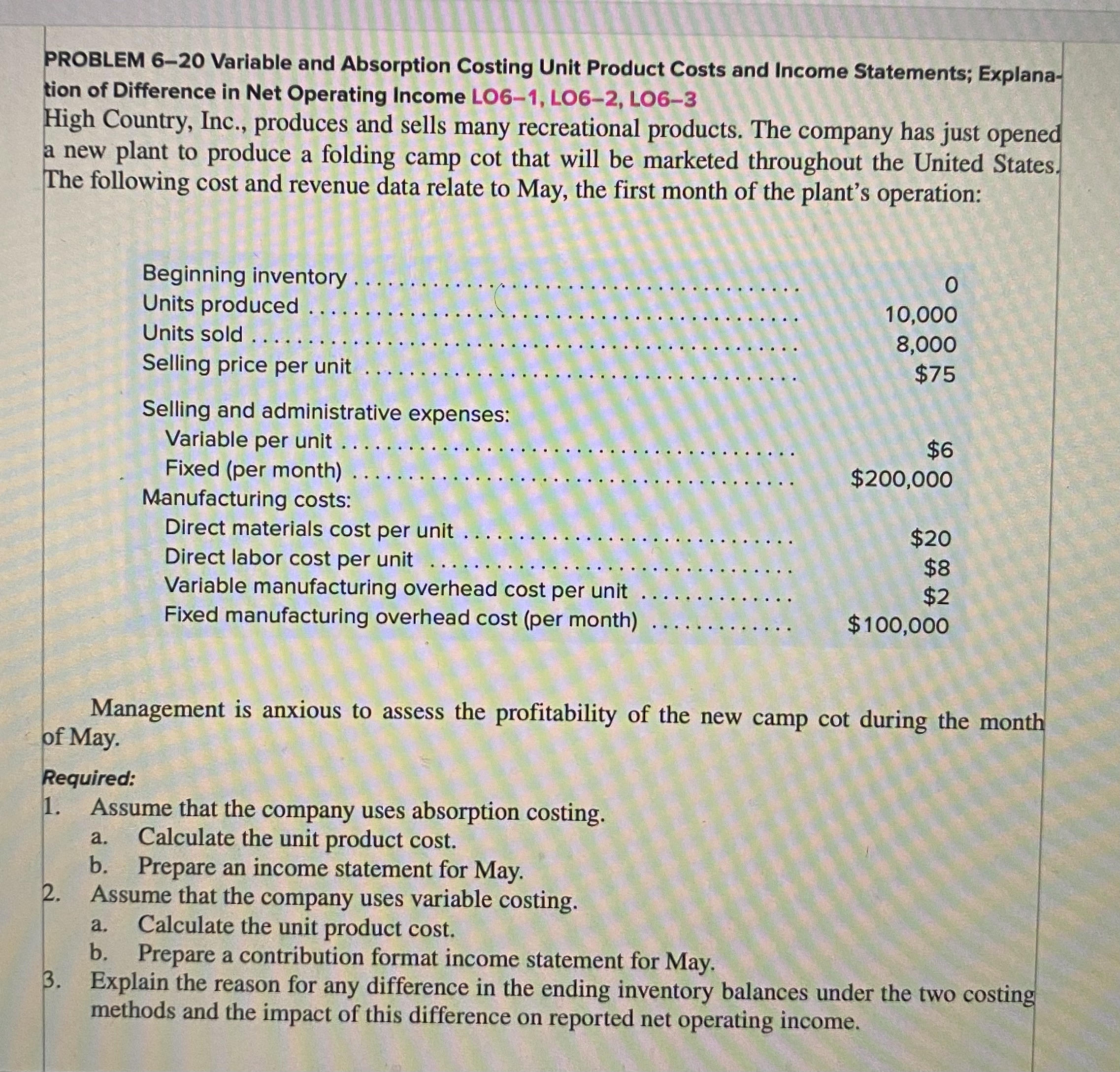 PROBLEM 6-20 Variable and Absorption Costing Unit Product Costs and Income Statements;