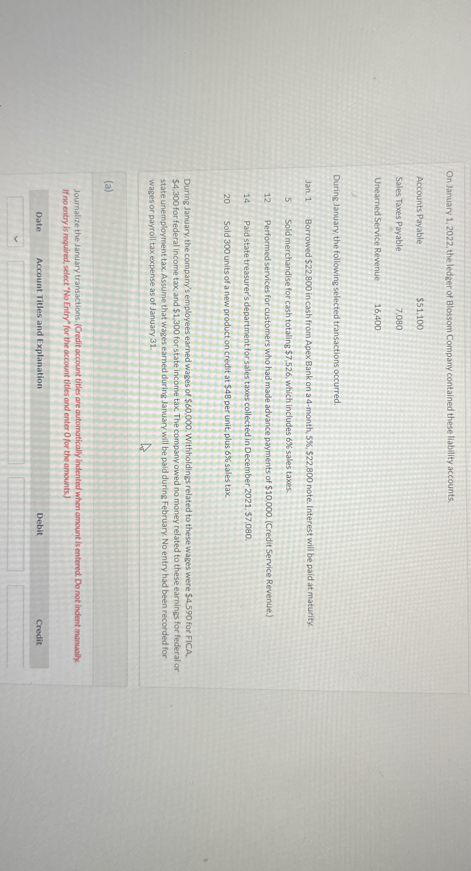  On January 1,2022, the ledger of Blossom Company contained these liability