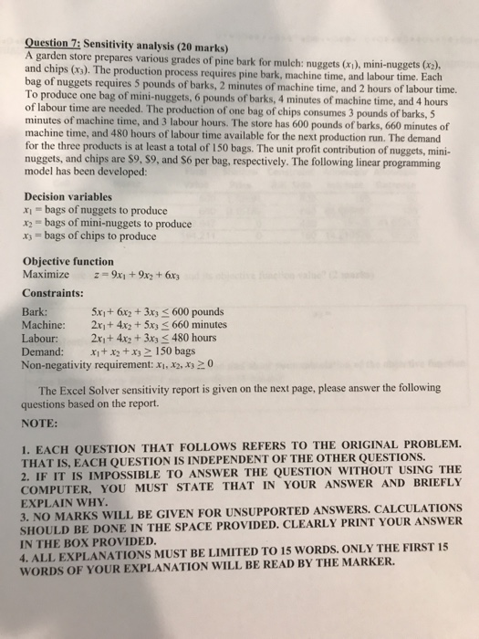  Question 7: Sensitivity analysis (20 marks) A garden store prepares various