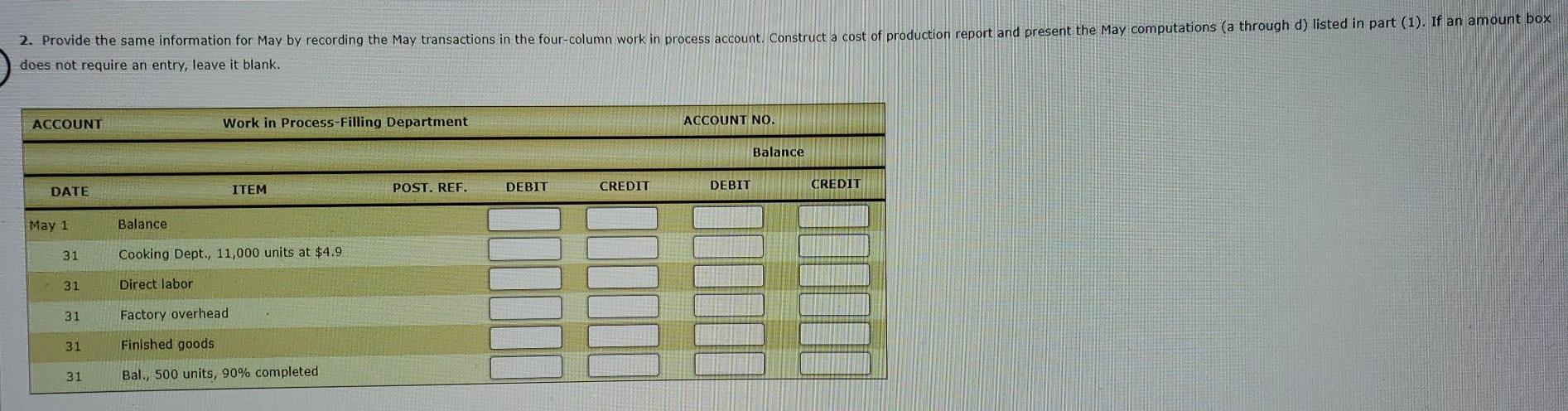 process. The inventory of work in Process-Filling on April 1 and debits